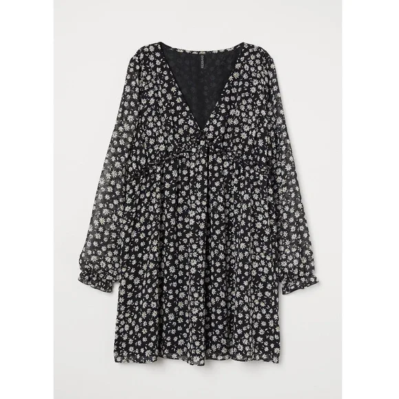 H&M | Dresses | Nwt Black Floral Chiffon Dress | Poshmark